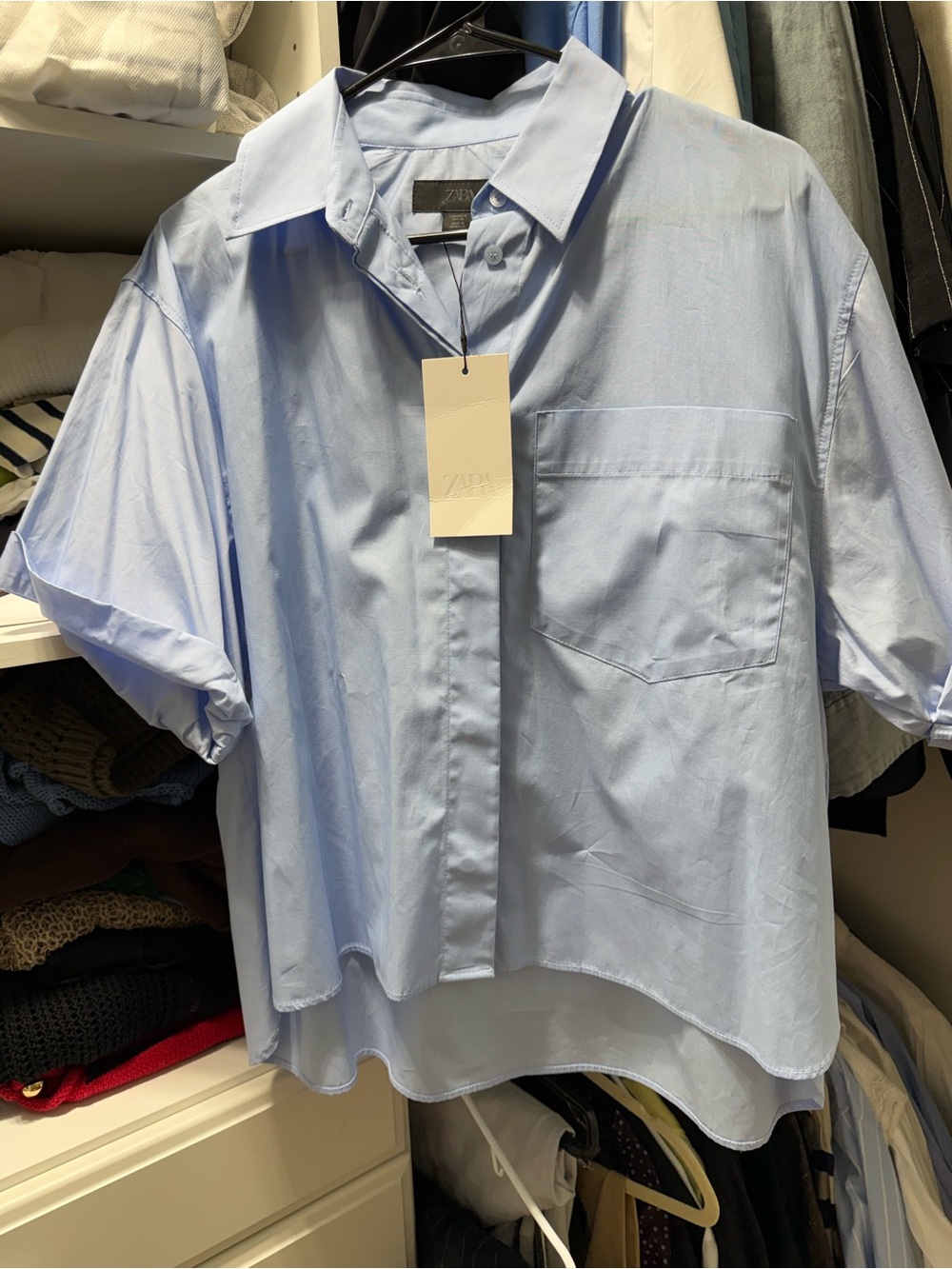 Zara collection Light Blue Short-Sleeve Cotton Shirt Sz M NWT